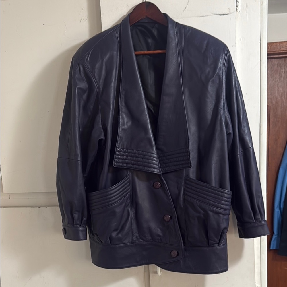 Vintage Purple Leather Jacket with Shawl Collar and Wrap Design